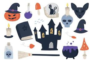ilustraciones de halloween calabaza, fantasmas, castillo embrujado, poción, olla, guirnalda, dulces, sombrero de bruja, inscripción de feliz halloween. vector, conjunto, fondo blanco, aislado. vector