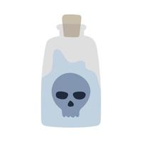 A large jar of potion, purple liquid, and a human skull. Glass bottle with cork. Vector illustration in flat style is ideal for animation or design of a mobile application for Halloween.