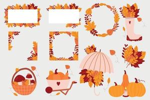 A set of cartoon elements of autumn, frames. Collection of autumn attributes. vector