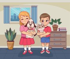 little kids couple with mascots vector