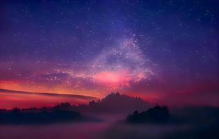 Milky Way and pink light at mountains. Night colorful landscape. Starry sky with hills at summer. Beautiful Universe. Space background with galaxy. Travel background photo