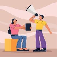 couple with laptop and megaphone vector