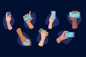 seven hands with smartphones vector