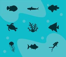 nine sealife silhouettes vector