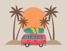 van with surfboard scene vector