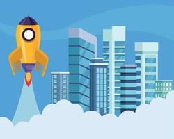 rocket start up in cityscape vector