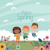 niños felices hola primavera vector