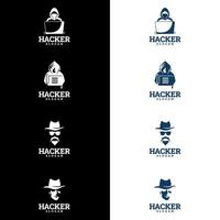 diseño de logotipo de detective. plantilla de logotipo de hacker. hacker, hombre, en, chaqueta con capucha, mirar, un, computador portatil vector