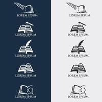 Quill pen writing in the papers on an open book logo. education logo icon design. suitable for company logo, print, digital, icon, apps, and other marketing material purpose. education logo set. vector