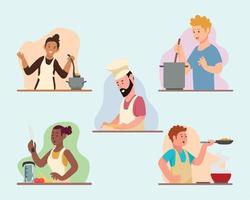 five persons cooking characters vector