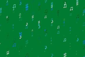 Telón de fondo de vector azul claro, verde con notas musicales.