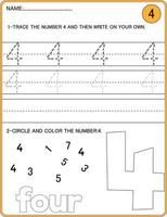 Tracing numbers activity. Trace the number 4 Educational children game, printable worksheet vector