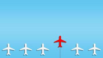 Group of white airplane in one direction and one red airplane as leader. Business leadership for new ideas creativity concepts. 3d rendering photo