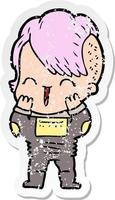 distressed sticker of a cartoon happy hipster girl wearing space suit vector