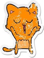 distressed sticker of a cartoon cat singing vector