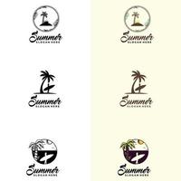 logotipo de playa. chica yendo al mar. conjunto de logotipos de palma o coco. puesta de sol en el concepto del logo de la isla. vector