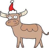 line drawing of a bull wearing santa hat vector