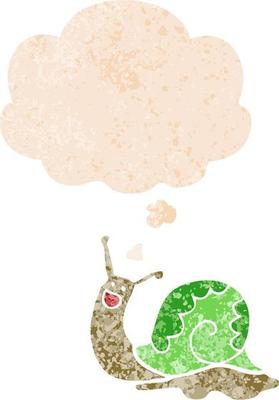 cute cartoon snail and thought bubble in retro textured style