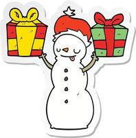 sticker of a cartoon snowman with present vector