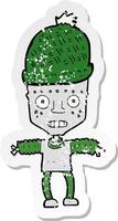 retro distressed sticker of a cartoon robot wearing hat vector