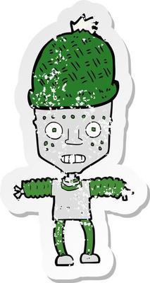 retro distressed sticker of a cartoon robot wearing hat