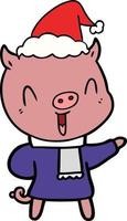 happy line drawing of a pig in winter clothes wearing santa hat vector