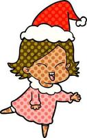 happy comic book style illustration of a girl wearing santa hat vector