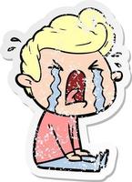 distressed sticker of a cartoon crying man vector