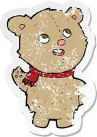 retro distressed sticker of a cartoon cute teddy bear with scarf vector