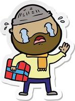 sticker of a cartoon bearded man crying with christmas present vector