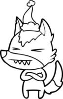 angry wolf line drawing of a wearing santa hat vector