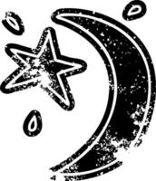 grunge icon drawing of the moon and a star vector