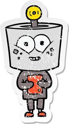 distressed sticker of a happy cartoon robot