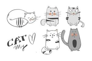 Vector illustration set of character design outline of cat Draw doodle style. isolated on white. Vector illustration