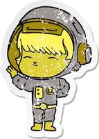 distressed sticker of a cartoon curious astronaut vector