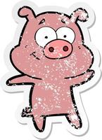 distressed sticker of a happy cartoon pig vector