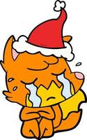 crying fox line drawing of a wearing santa hat vector