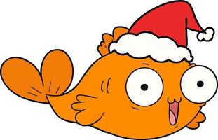 happy goldfish line drawing of a wearing santa hat vector