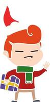 flat color illustration of a cool guy with fashion hair cut wearing santa hat vector