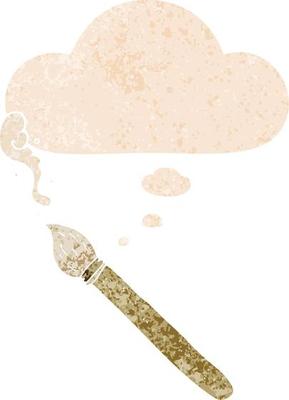 cartoon paint brush and thought bubble in retro textured style
