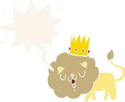 cartoon lion and crown and speech bubble in retro style vector