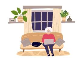 Old woman with grey hair using laptop on sofa at home. Cute granny surfing internet in home interior vector flat illustration