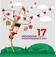 pancarta feliz celebrar el día de la independencia de indonesia el niño feliz escalar nuez de areca para obtener premios vector