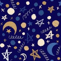 Seamless festive pattern with moon, stars and doodles on a blue background photo