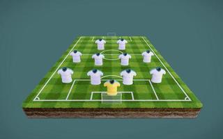 campo de fútbol y camisetas de fútbol en blanco con formación 4-4-2. Representación 3d foto