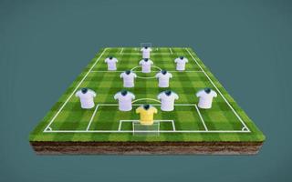 campo de fútbol y camisetas de fútbol en blanco con formación 4-2-3-1. Representación 3d foto