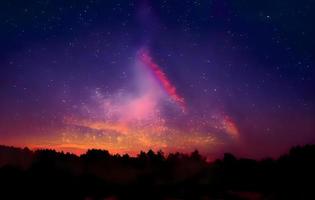 Milky Way and pink light at mountains. Night colorful landscape. Starry sky with hills at summer. Beautiful Universe. Space background with galaxy. Travel background photo