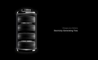 Battery icon with 4 tires inside on black background.Car power concept.Electricity tiles.3d rendering photo