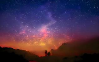 vía láctea y luz rosa en las montañas. paisaje colorido nocturno. cielo estrellado con colinas en verano. hermoso universo. fondo espacial con galaxia. fondo de viaje foto