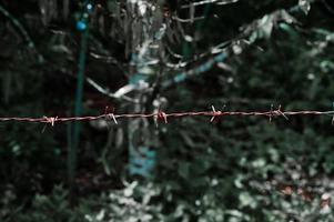 primer plano de una cerca de alambre de púas en un área restringida. foto